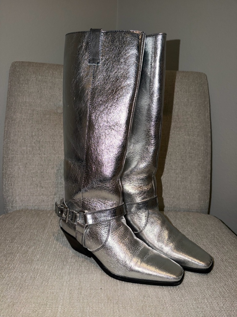 CAVERLEY Milly Anthropologie Silver Metallic Western Festival Mid-Calf Boots - Picture 3 of 13